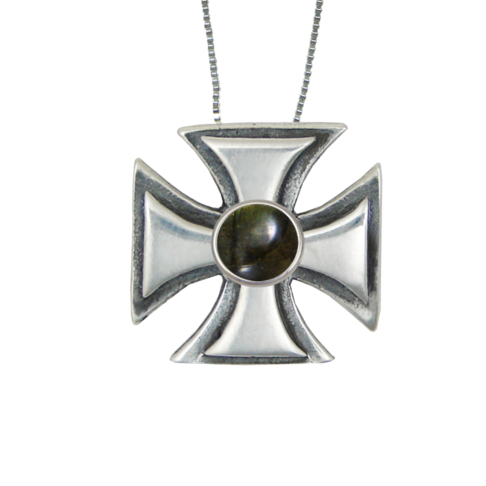 Sterling Silver Iron Cross Pendant With Spectrolite
